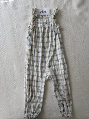 Cream Plaid Smocked-Strap Toddler Jumpsuit